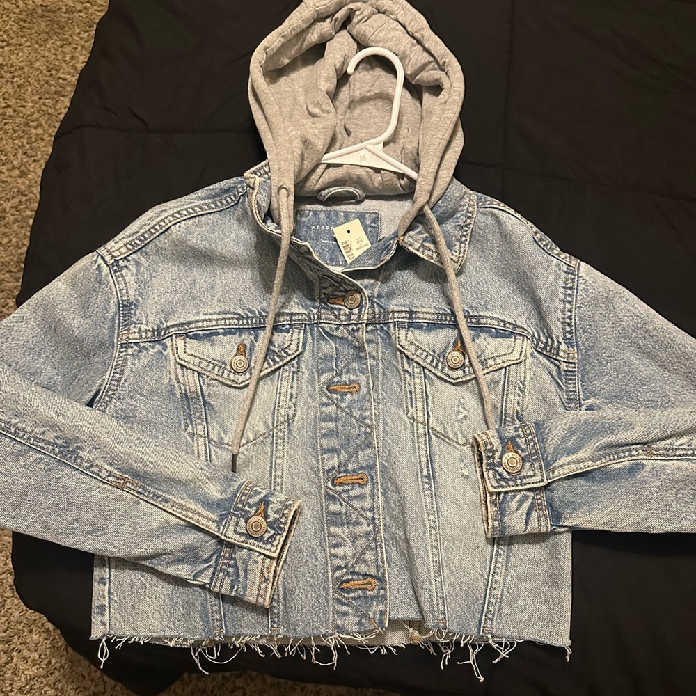 Aeropostale Blue Denim Jacket with Gray Hood